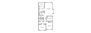 A floor plan of a house with a porch, two bathrooms, a kitchen, a living/dining area, and three bedrooms.
