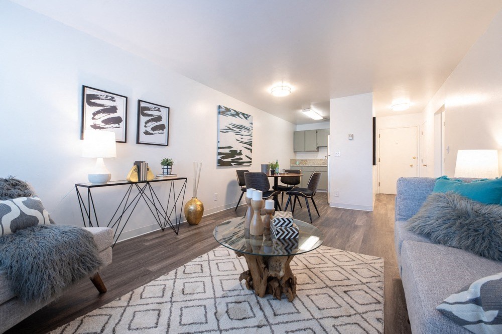 a living room with couches and a glass table