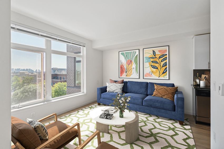 a living room with a blue couch and a green and white rug - Photo Gallery