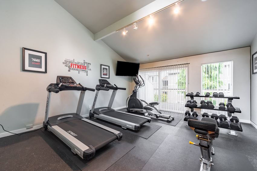 two treadmills and other exercise equipment in a gym with a window