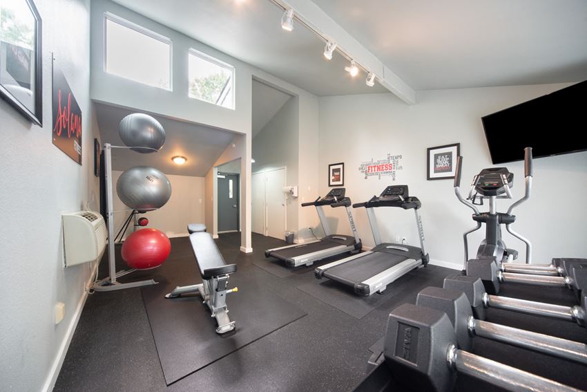 a gym with cardio equipment and weights on the floor and a tv