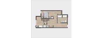 A floor plan of a house with a kitchen, living room, and two bedrooms.