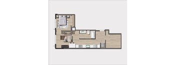 A floor plan of a house with a kitchen, living room, and two bedrooms.