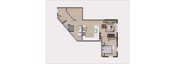 A top-down view of a room with a kitchen area, a living room, and a bedroom.