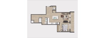 A floor plan of a house with a kitchen, living room, and two bedrooms.