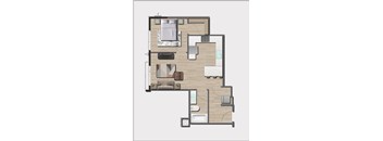 A floor plan of a house with a kitchen, living room, and two bedrooms.