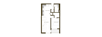 A floor plan of a room with dimensions and furniture layout.