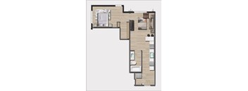A floor plan of a house with a kitchen, living room, and bathroom.