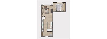 A floor plan of a small apartment with a kitchen, living room, and bathroom.
