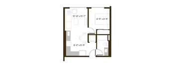 A floor plan of a room with dimensions and furniture layout.