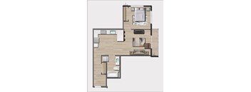 A floor plan of a house with a kitchen, living room, and two bedrooms.