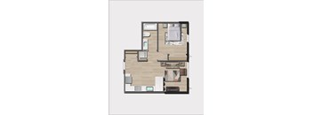 A floor plan of a small apartment with a kitchen, living room, and bathroom.