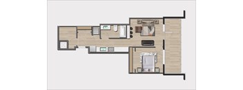 A floor plan of a house with a kitchen, living room, and two bedrooms.
