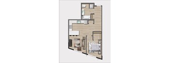 A floor plan of a house with a kitchen, living room, and bathroom.