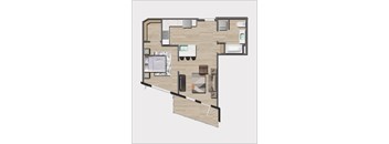 A floor plan of a house with a kitchen, living room, and two bedrooms.