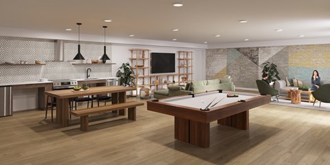 A modern living room with a pool table and a kitchen area.
