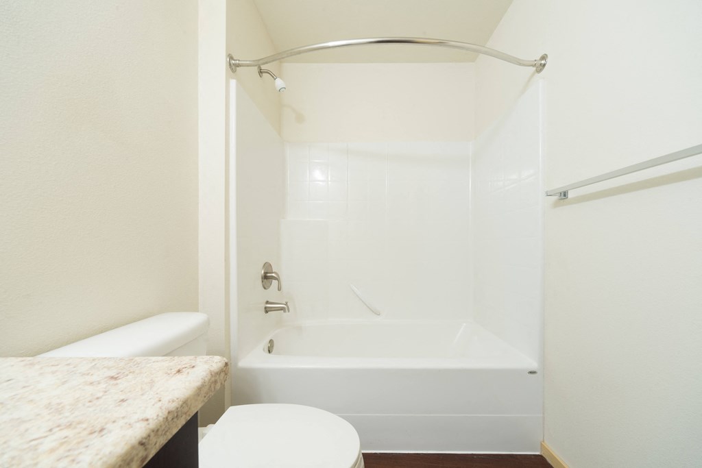 a bathroom with a bathtub and a toilet