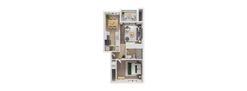 A 3D floor plan of a small apartment with a kitchen, living room, and bathroom.