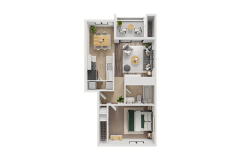 A 3D floor plan of a small apartment with a kitchen, living room, and bathroom.