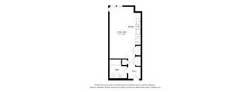 A drawing of a floor plan of a house with a kitchen, living area, bath, and entry.