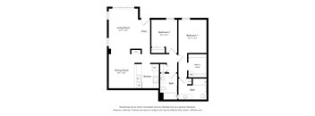 A floor plan of a small apartment with a living room, dining room, kitchen, two bedrooms and two bathrooms.
