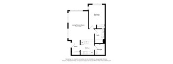 A floor plan of a small apartment with a living room, kitchen, bathroom, and bedroom.