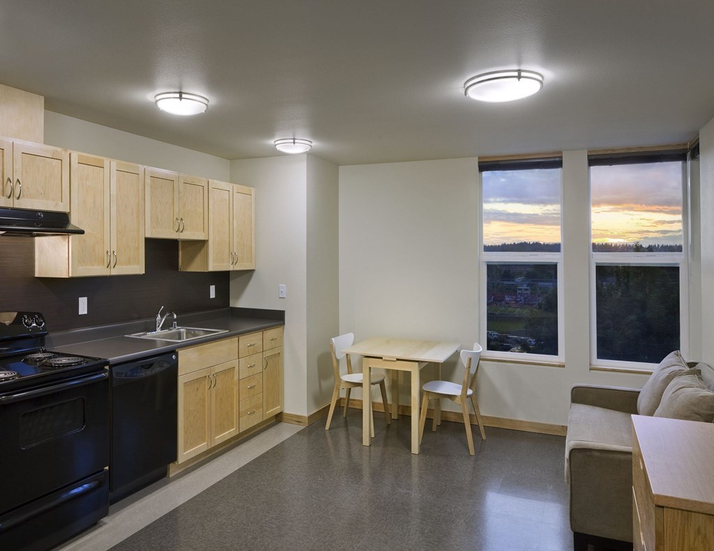 A kitchen with a stove, sink, and cabinets.
