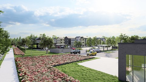 A flower bed in the foreground with a building in the background.