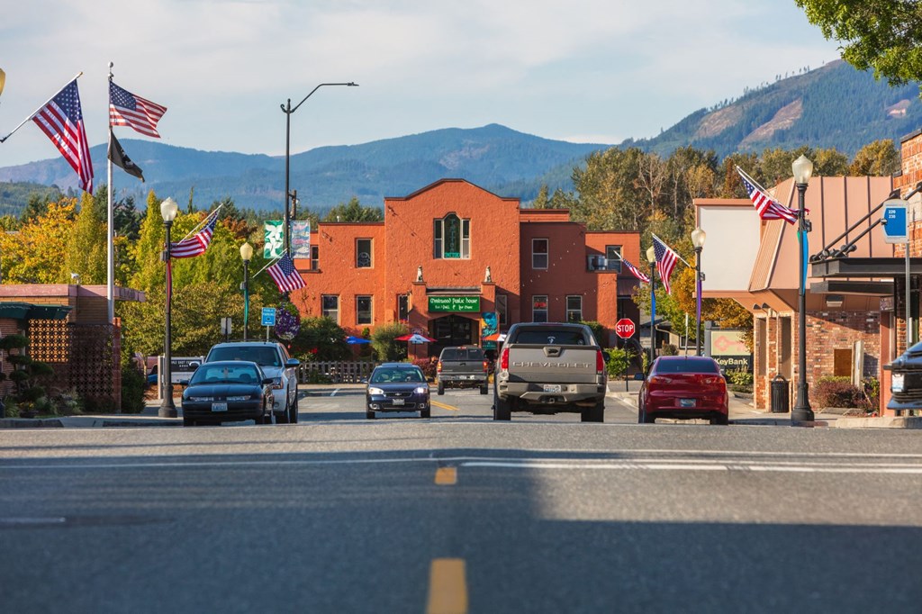 a city street with cars and flags and mountains in the background