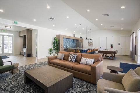 A living room with a brown couch and a coffee table.