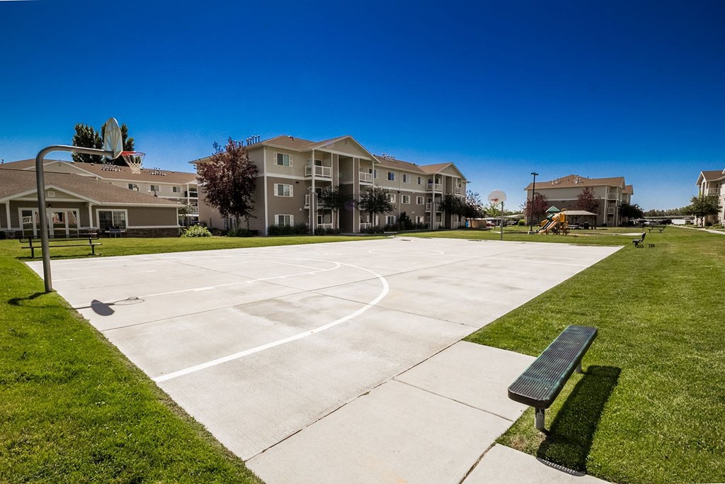 A basketball court in front of apartment buildings on a sunny day.