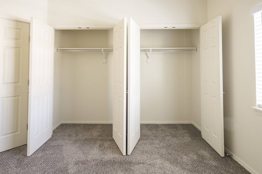 A room with two open closets and carpeted floor.