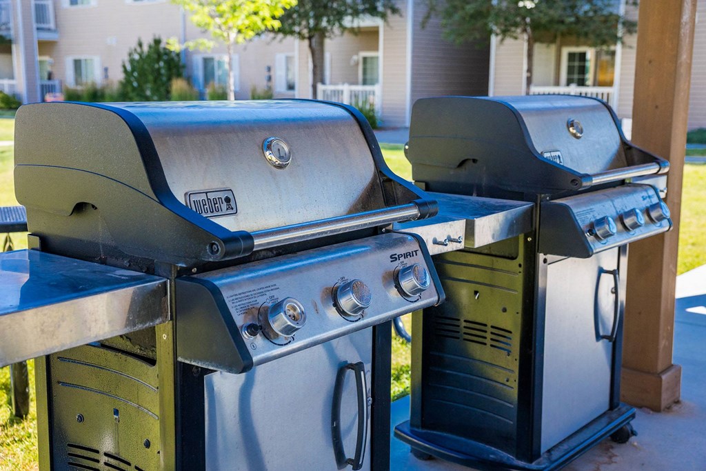 Two grills are placed on a stand outside.