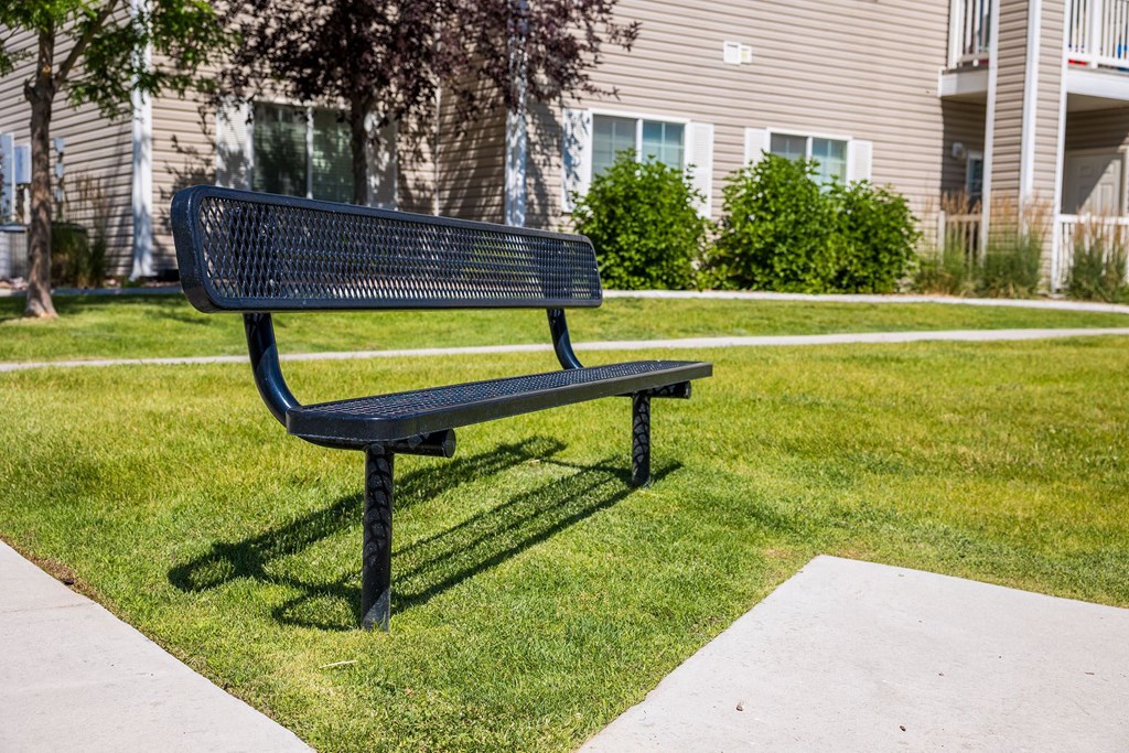 A black bench sits on a patch of green grass.