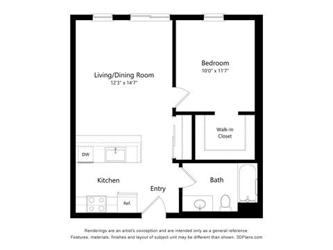 A floor plan of a small apartment with a living/dining room, kitchen, bath, and bedroom.