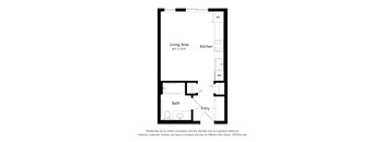 A floor plan of a small apartment with a living area, kitchen, bath, and entry.