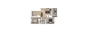 A 3D floor plan of a house showing a living room, kitchen, dining room, and bedrooms.