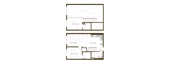 A floor plan of a two-story building with dimensions and room layout.