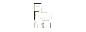 A floor plan of a house with a living room, kitchen, and two bedrooms.