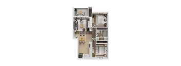 A 3D floor plan of a small apartment with a kitchen, living room, and bathroom.