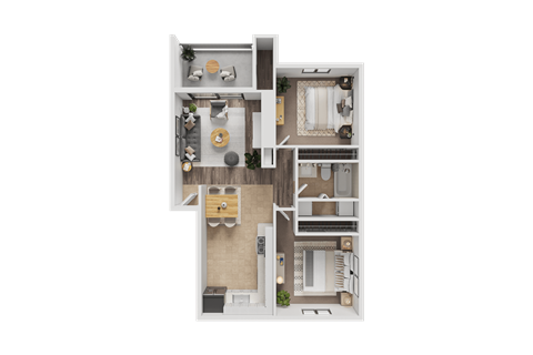 A 3D floor plan of a small apartment with a kitchen, living room, and bathroom.