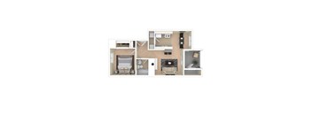 A floor plan of a house with a living room, kitchen, and two bedrooms.