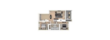 A floor plan of a small apartment with a living room, kitchen, and two bedrooms.