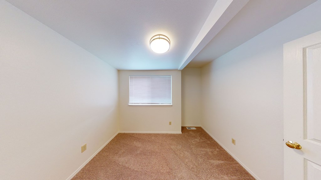 an empty room with carpet and a window and a door