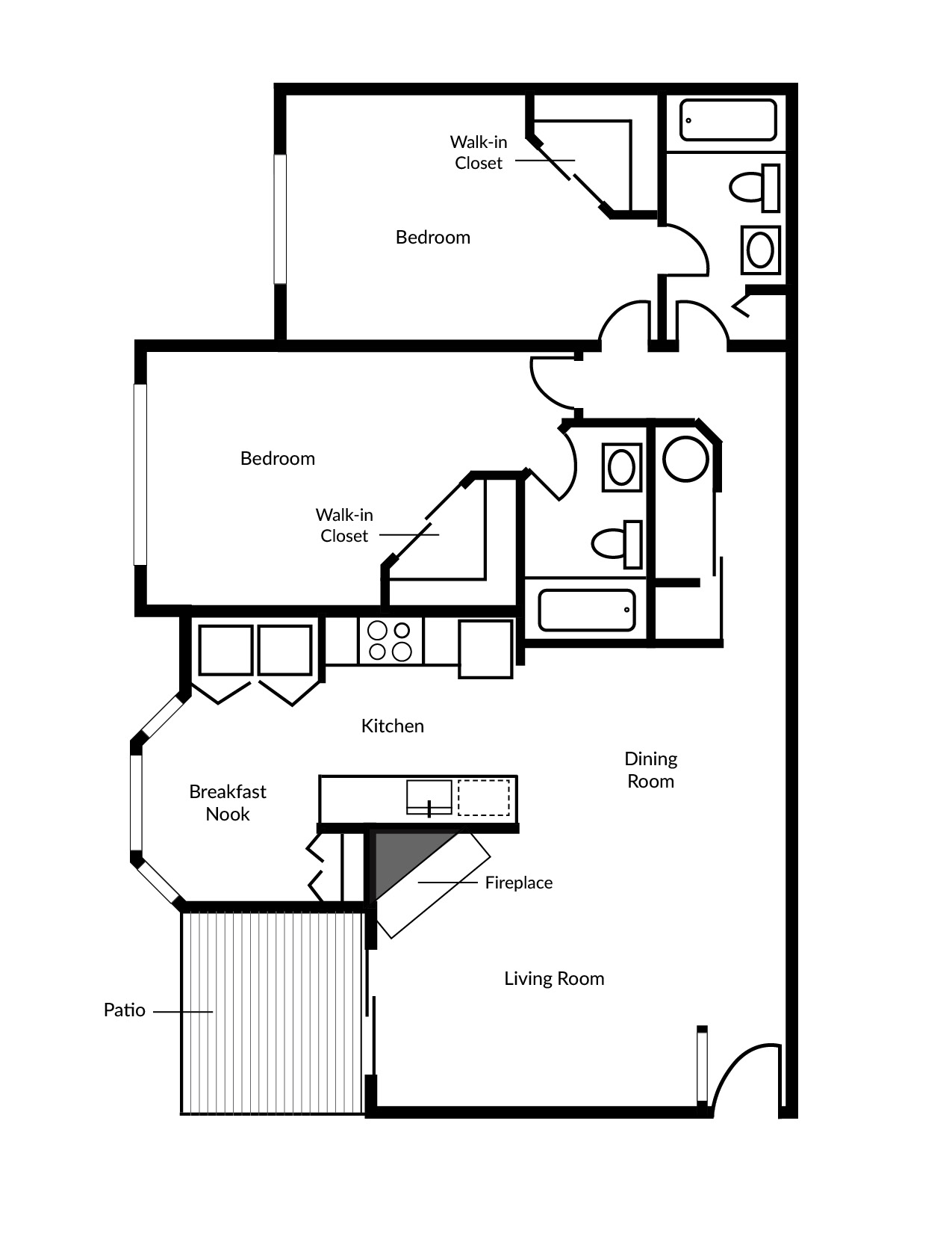 A floor plan of a house with a living room, dining room, kitchen, two bedrooms, a breakfast nook, a patio, and a fireplace.