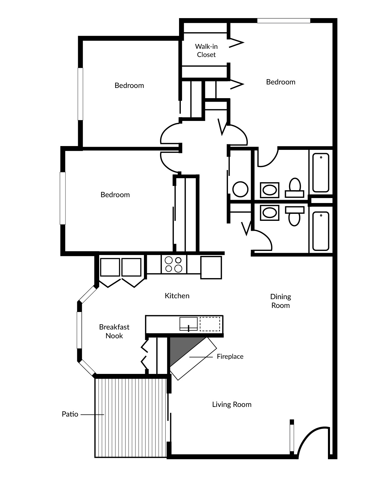 A floor plan of a house with a living room, dining room, kitchen, patiio, and three bedrooms.