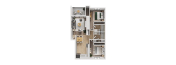 A detailed 3D floor plan of a small apartment.