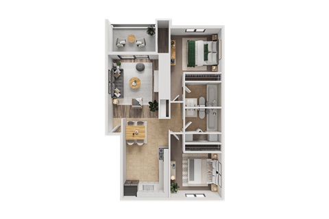 A detailed 3D floor plan of a small apartment.