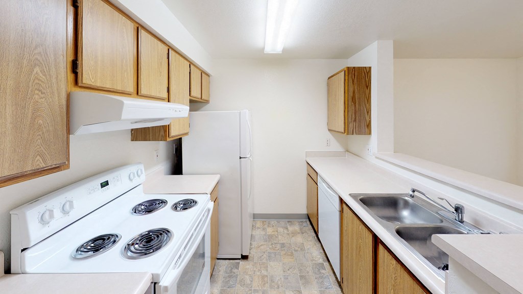 a kitchen with a stove and a sink and a refrigerator