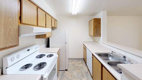 a kitchen with a stove and a sink and a refrigerator